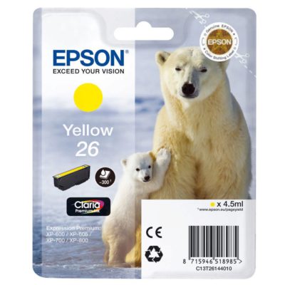 Epson Polar Bear 26 Claria Premium Ink, Ink Cartridge, Yellow Single Pack, T26144010